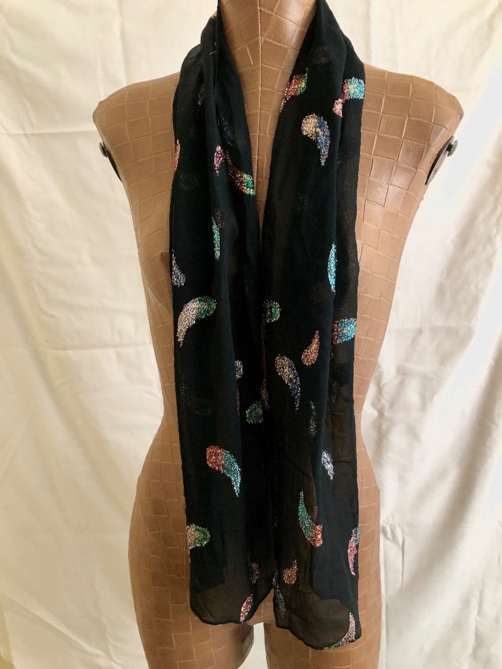 Multicolored Metallic Paisley on Black Scarf